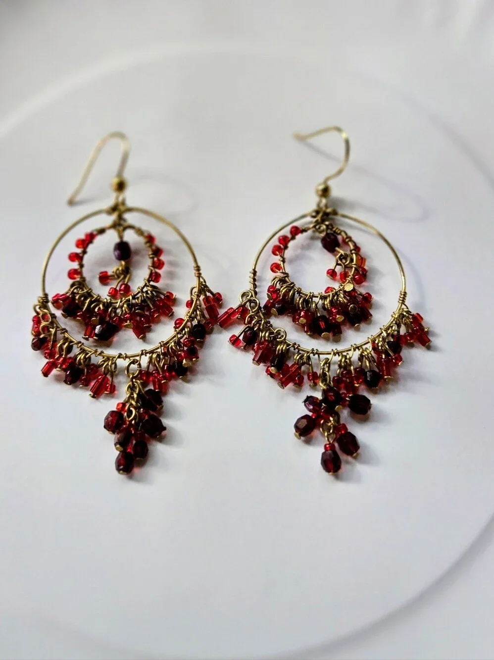 Vintage Gold Tone Hoop Chandelier Earrings with Red Beads